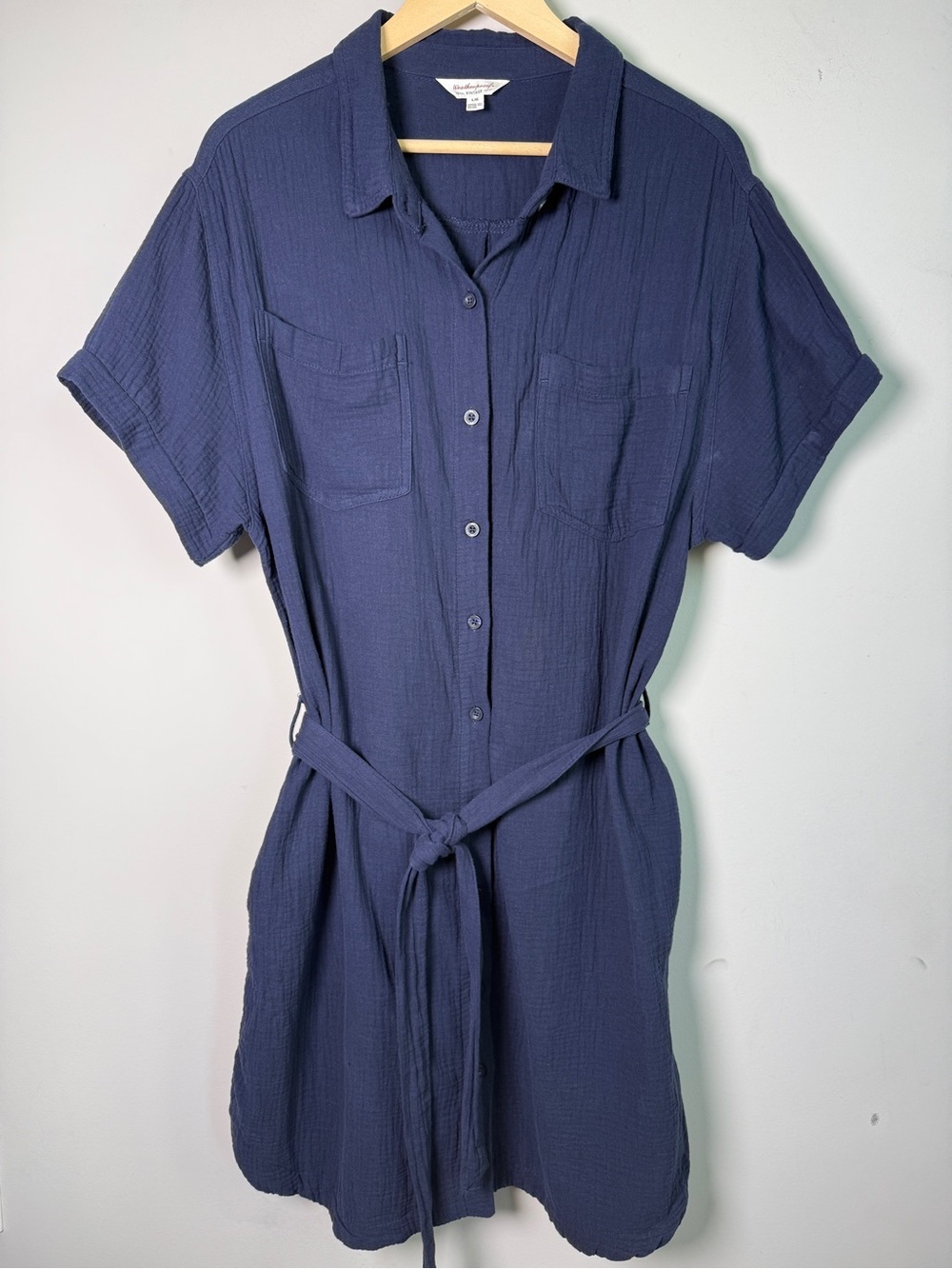 Weatherproof Vintage Navy Cotton Gauze Belted Shirtdress Coastal Cottagecore L